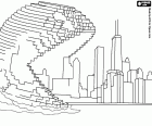 Eine spektakuläre Szene aus dem Film Pixels, Pac-Man das Gebäude einer Großstadt zerstören