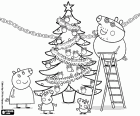 Die Peppa Pig Familie bereitet die Weihnachtsfeiern. Peppa Wutz und ihre Familie mit den geschmückten Weihnachtsbaum