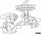 Zuma und Skye sind außerhalb der Sitz des Paw Patrol. Die Welpen erhalten den Signaltyp in ihrer interaktiven Halsketten
