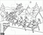 Ein Dorf am Heiligabend puzzle. Landschaft eines dorfes in der Weihnachten Nacht mit Santa Claus in seinem magischen schlitten und seine rentiere fliegen über die dächer der häuser