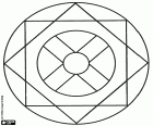Ein Mandala, basierend auf einer äußeren Kreises zwei beschriftete Quadrate und die beiden inneren Kreise, die mit vier rechteckigen Elementen verbunden sind. Ein relativ einfaches Mandala im Sortiment mandalas