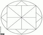 Dieses geometrische Mandala besteht aus zwei Quadraten, die in einem Kreis eingeschrieben. Der Haupt Quadrat ist in acht Teile unterteilt. Das zweite Quadrat 45 ° hinsichtlich der vorherigen gedreht und wir sehen nur die vier Eckpunkte