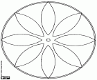 Eine geometrische kreisförmigen Mandala, die ähnlich wie eine Blume mit acht Blütenblätter und kleinen Kreis in der Mitte