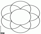 Das Mandala einer einfachen Blume aus einem zentralen Kreis und andere kreist sechs identische um, die ihr Zentrum über zentrale Umfang haben