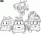 Die vier Hauptpersonen des Robocar Poli: Robovan Amber, Robocopter Helly, Robotruck Roy und Robocar Poli