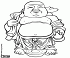 Eine lächelnde Buddha stehend mit einem großen Bauch, einen Sack auf den Rücken und die chinesische goldbarren