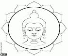 Medizin Buddha, Bhaisajyaguru. Darstellung des Gesichts von der Medizin-Meister des Buddhismus innerhalb einer Lotusblüte. Die Farbe des Medizin-Buddha ist das Blau, das von der Lapislazuli kommt