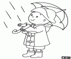 Caillou und der Regen. Caillou sieht, dass es beginnt zu regnen. Das Kind ist für den Regen voll ausgestattet mit Regenschirm, Regenmantel, Stiefel und Hut