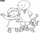 Caillou mit seiner jüngeren Schwester Rosie und seine Katze Gilbert. Caillou ist eine sehr verantwortungsvolle Kind, das viel kümmert sich um seine kleine Schwester und seine Katze