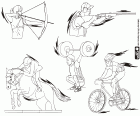 Fünf verschiedene Sportarten, die im Sommer Olympischen Spielen gehören: Bogenschießen, schießen, Gewichtheben, Reiten und Radfahren