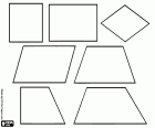 Eine Sammlung von Polygonen mit vier Seiten und vier Winkel (Vierecke oder Vierecke). Die ersten vier sind Parallelogramme: Quadrat, Rechteck, Rhomboid und Rhombus. Die anderen vier sind Trapez (Viereck mit zwei parallelen Seiten), unregelmäßige Viereck (Viereck mit keine parallelen Seiten) und beide rechteckige Versionen