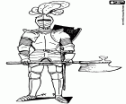 Ein mittelalterlicher Krieger mit Rüstung und bewaffnet mit einer Streitaxt