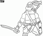 Leonardo ist die Ninja Schildkröte von der Katanas. Leonardo mit einem Katana in der Hand und die andere auf dem Rücken