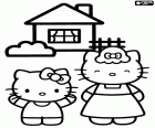 Hello Kitty und ihre Mutter glücklich vor ihrem Haus