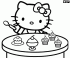 Hello Kitty mit einem Löffel in der Hand bereit, einige leckere Muffins zu essen. Hello Kitty liebt Süßigkeiten, sie ist sehr gierig