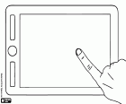 Eine Tablet in horizontaler Position mit Zeigefinger auf dem Touchscreen