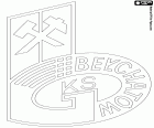 Schild des Górniczy Klub Sportowy Bełchatów, GKS Bełchatów, Fußballverein in Bełchatów, Stadt der Woiwodschaft Łódź im zentralen Bereich von Polen