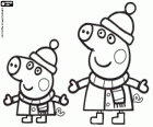 Die Brüder Peppa Pig und George Pig mit warme Kleidung im Winter. Peppa Wutz und George trägt Mantel, Schal und Mütze