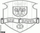 Schild des SFC Opava, Slezský fotbalový club Opava, Fußballverein mit Sitz in Opava, der historischen Hauptstadt Schlesiens, Grenzstadt zu Polen im Nordosten der Tschechischen Republik in der Mährisch-Schlesischen region