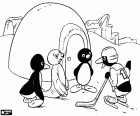 Der Pinguin Pingu und seine Freunde in der Nähe von Iglu