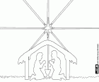 Eine schematische Darstellung der Krippe mit der Heiligen Familie. Josef und Maria neben der Wiege des Kindes Jesus unter dem strahlenden Licht des Sterns von Bethlehem