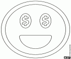 Das Emoticon Glück mit dem Geld. Smiley denkt über das Geld, die erhalten können. Ein Smiley-Gesicht mit einem großen Lächeln und die Dollar-Symbole in den Augen
