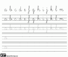 Eine Kalligraphie-Übung mit dem Alphabet, Kleinbuchstaben von A bis M