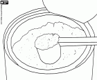 Eine Dose Milchpulver mit dem Messlöffel, auch bekannt als Trockenmilchpulver. Das Milchpulver hat die gleichen Eigenschaften der natürlichen Milch aber hat einen anderen Geschmack, hat eine sehr lange Haltbarkeit und sollte mit Wasser gemischt werden
