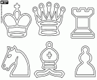 Die sechs Symbole repräsentieren die sechs Arten von Schachfiguren. König, Königin, Turm, Springer, Läufer und Bauer