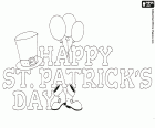 Ein Plakat für die Feier des St. Patricks Day, der Schirmherr des irischen Volkes. Plakat mit Text in englischer Sprache Glücklicher Heiliger Patrick Tag, "Happy St. Patrick's Day", mit einem Hut und Stiefel der Kobold und drei Luftballons dekoriert