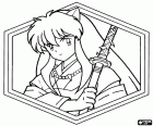 Ein Porträt von Inuyasha in einem hexagonalen Rahmen. Inuyasha ist die Hauptfigur und zur gleichen Zeit ist ein Anti-Held