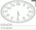 05:30 und 17:30, ist es halb sechs morgens oder nachmittags, fünf Stunden und dreißig Minuten in eine Malvorlage zum Ausmalen, die Stunden zu lernen