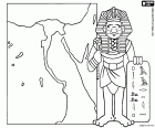 Ein Pharao, der König des ägyptischen Reiches und einen Stein mit Hieroglyphen, neben einer Karte des Gebietes der alten ägyptischen Zivilisation um den Nil graviert