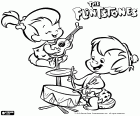 Pebbles ist der Gitarrist und Bam Bam ist der Perkussionist. Die zwei kleinen Kinder in Aktion mit den Musikinstrumenten im Film Flintstones: Die Familie Feuerstein