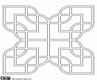 Das Mosaik-Stück mit einem geometrischen Design, das eine Blume erinnert. Dieses Stück hat eine quadratische Grundfläche