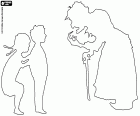 Die Silhouetten von Hänsel und Gretel die Begegnung von Angesicht zu Angesicht mit der Hexe