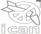 Das Logo der ICAN, Friedensnobelpreis 2017. Die internationale Kampagne zur Abschaffung von Atomwaffen erhielt den Friedensnobelpreis für 2017. ICAN, die Initialen des englischen Namens, international campaign to abolish nuclear weapons. Das Logo symbolisiert eine Atombombe, die durch das Symbol des Friedens deaktiviert ist
