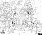 Die Ponys Equestria bei ihrer ersten Festival der Freundschaft. Twilight mit Spike der Drache und ihren Freunden Pinkie Pie, Rainbow Dash, Rarity, Applejack und Fluttershy