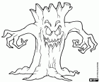 Ein Baum mit Mund und Augen, einen verfluchten Baum in Halloween, der Nacht der Hexen