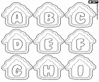 Die ersten neun Buchstaben des Alphabets in ein Weihnachtsplätzchen. Die Großbuchstaben Buchstaben A, B, C, D, E, F, G, H und I in einigen Häusern 	Plätzchen