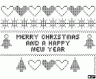 Malvorlagen mit einem Design für Kreuzstich-Stickerei mit Weihnachten Dekorelemente (Herzen, Sterne und Tannen) und mit dem Text in Englisch, Fröhliche Weihnachten und Glückliches Neues Jahr, Merry Christmas and a Happy New Year 