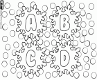 A, B, C und D in Eiskristallen. Die ersten vier Buchstaben des Alphabets mit Schneeflocken