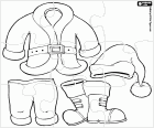 Puzzle mit typischen Santa Claus Kleid für Weihnachten: Mantel, Hose, Hut und Stiefel