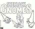 Eine Gruppe von Zwergen mit dem Logo die neue Film von Gnomeo und Julia, Sherlock Gnomes