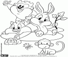 Drei Baby Looney Tunes Charaktere spielen mit anderen Tierchen, ein Affe, eine Schildkröte, ein Käfer und eine Schnecke