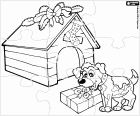 Puzzle von einem Hund sehr zufrieden mit seinem Weihnachtsgeschenk neben dem dekorierten Häuschen