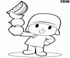 Pocoyo mit Früchten auf seine Hand. Pocoyo liebt Früchte, die ein Lebensmittel ist, die viele Vitamine liefert