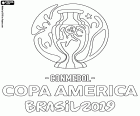 Logo der Copa America Brasilien 2019 in Brasilien zwischen 14. Juni und 7. Juli 2019, stattfindet. Die zwölf teilnehmenden Mannschaften sind 10 von CONMEBOL und zwei eingeladenen Teams, Katar und Japan. CONMEBOL sind Argentinien, Bolivien, Brasilien, Chile, Ecuador, Kolumbien, Paraguay, Peru, Uruguay und Venezuela