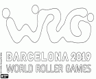Logo der World Roller Games Barcelona 2019. Elf Weltmeisterschaften des Sports auf kleinen Rad in Barcelona und anderen katalanischen Städten, Vilanova la Geltrú, Sant Cugat del Vallès, Terrassa und Mollet del Vallès vom 4. bis 14. Juli 2019