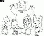 Pororo der Pinguin mit seinen vier Freunden Loopy der Biber, der Dinosaurier Crong, Poby der Eisbär und der Fuchs Eddy